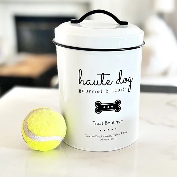 ENAMELED DOG TREAT METAL CANISTER BLACK WHITE HAUTE DOG BONE GRAPHICS IN… - Picture 4 of 12